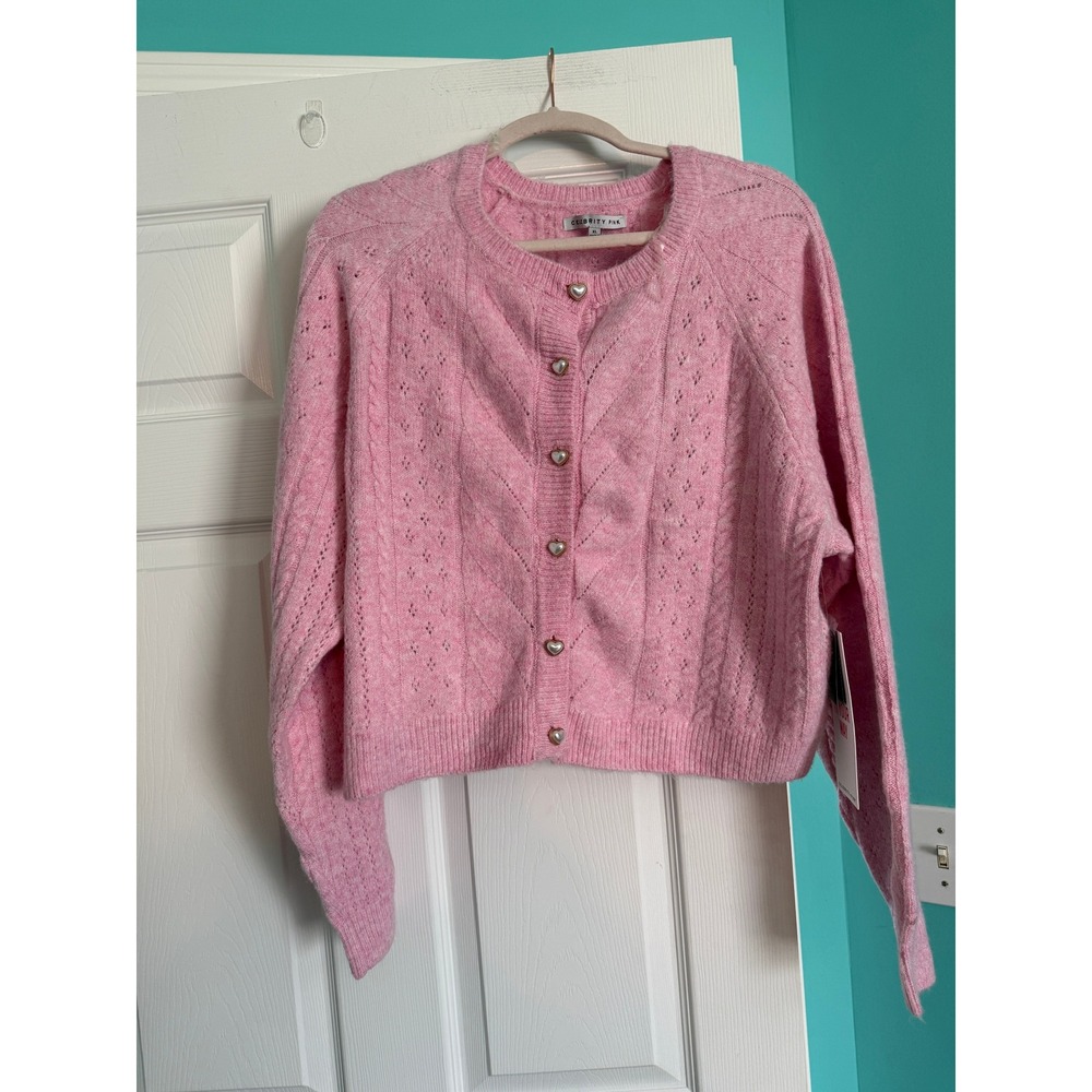 Celebrity Pink Cable Knit Cardigan Pink Heart Button Cropped Sweater XL NWT